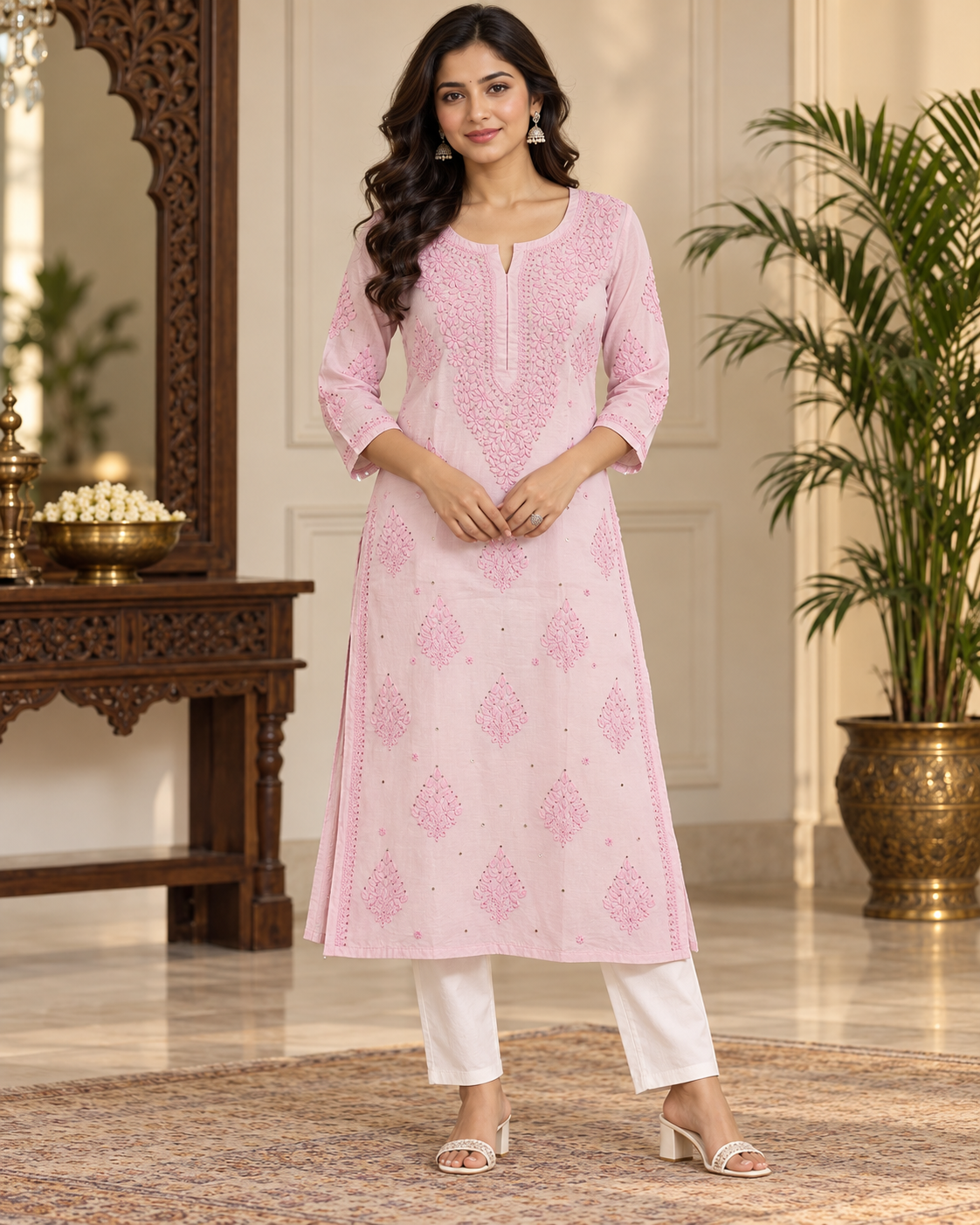 Chanderi Silk Chikan Mukaish Work Straight Kurti