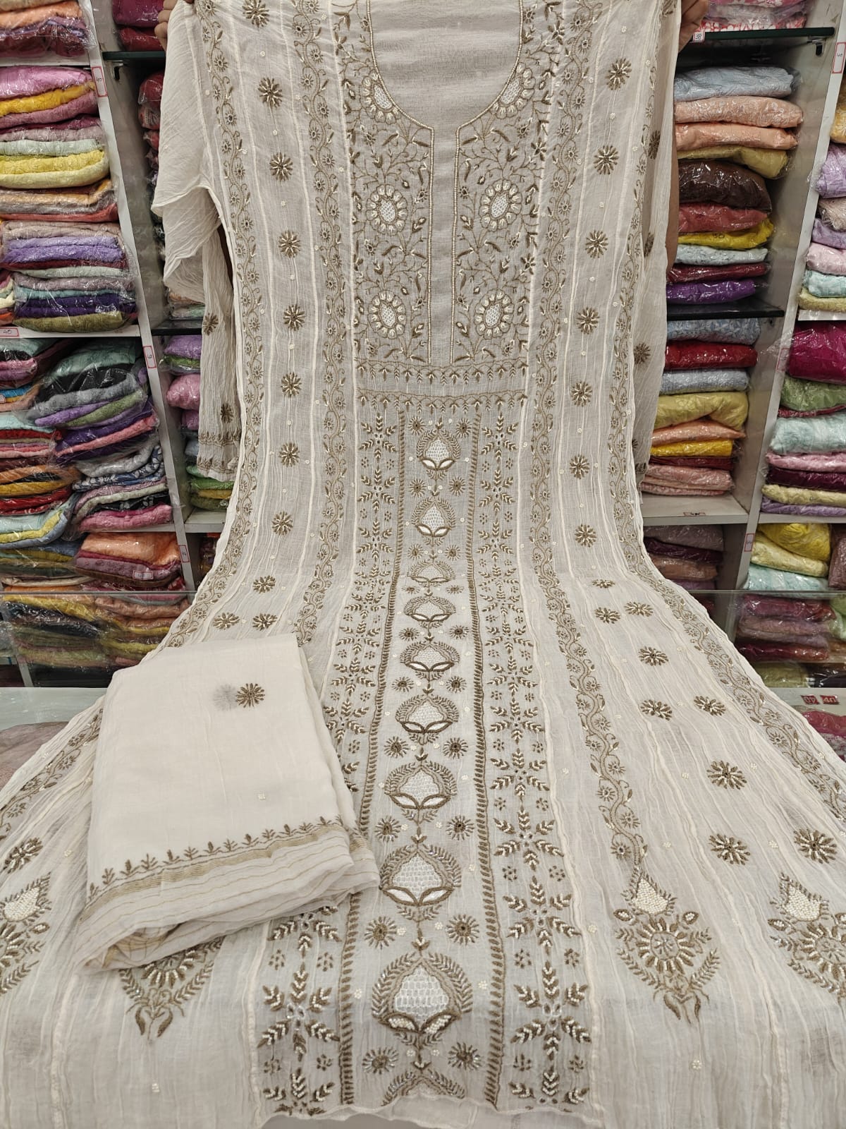 Pure Mul Chanderi A Line Pearl Cutdhana Fine Ghaspatti Work Semi Stitched Suit Sets