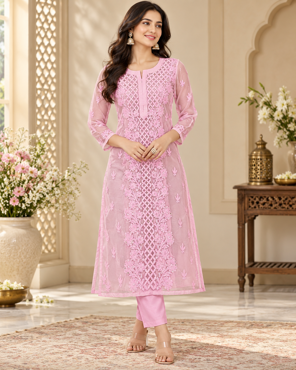 Organza Ghaspatti Chikan Mukaish Party Wear Long Kurti With Matching Inner