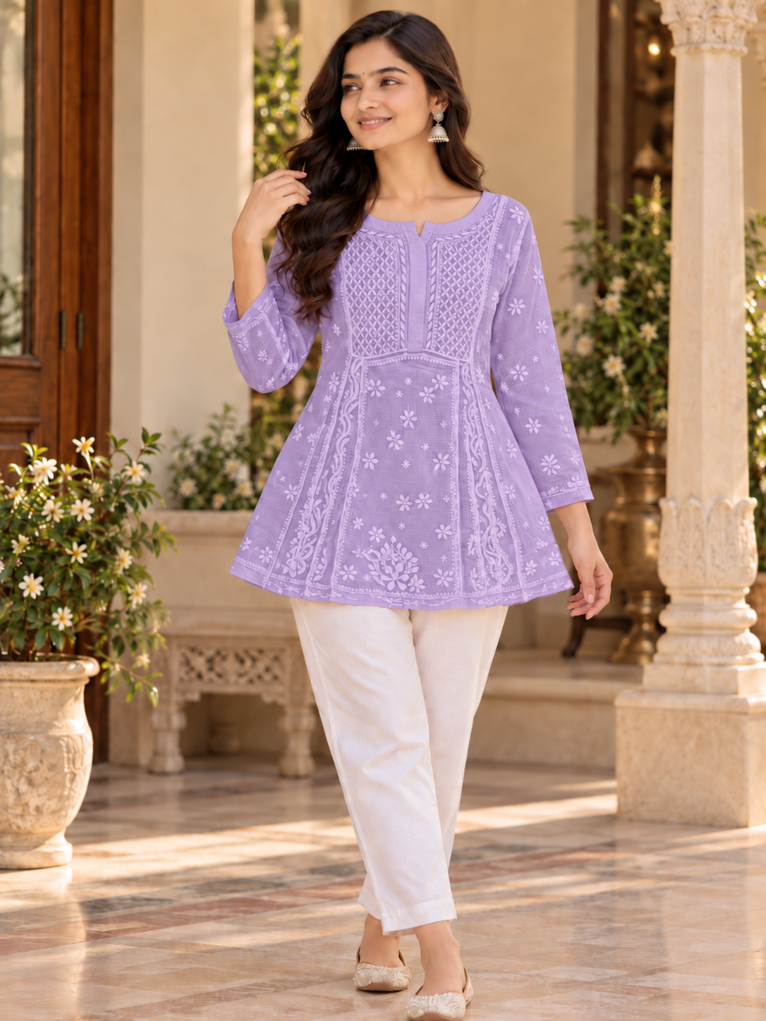 Kota Doria Fine Chikankari Work Short Top