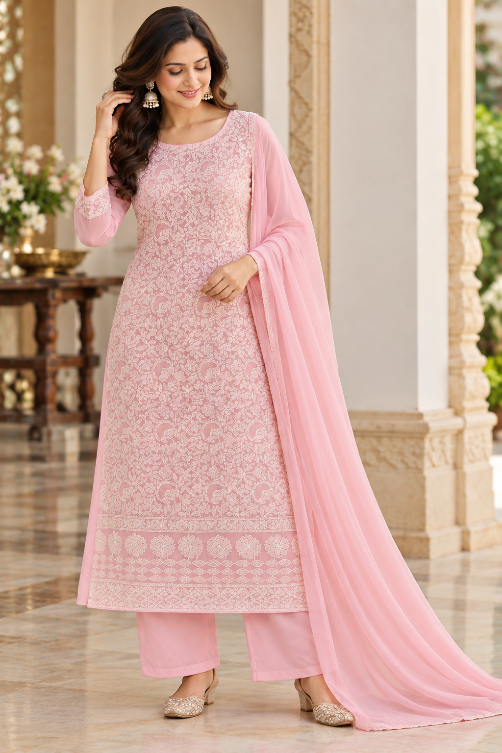 Cotton Full Front Jaal Shadow Work 3 Pcs Suit Sets