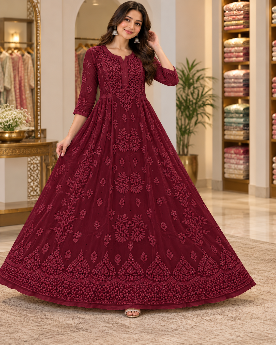 Viscose Georgette Mukaish Work Party Wear Long Gawn