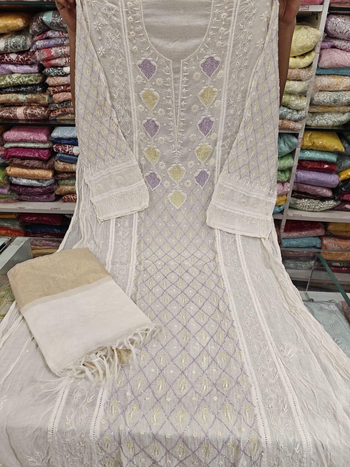 Pure Mul Chanderi Pearl Semi Stiched Suit Sets