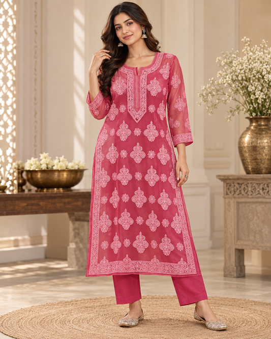 Organza Ghaspatti Chikan Mukaish Party Wear Long Kurti With Matching Inner