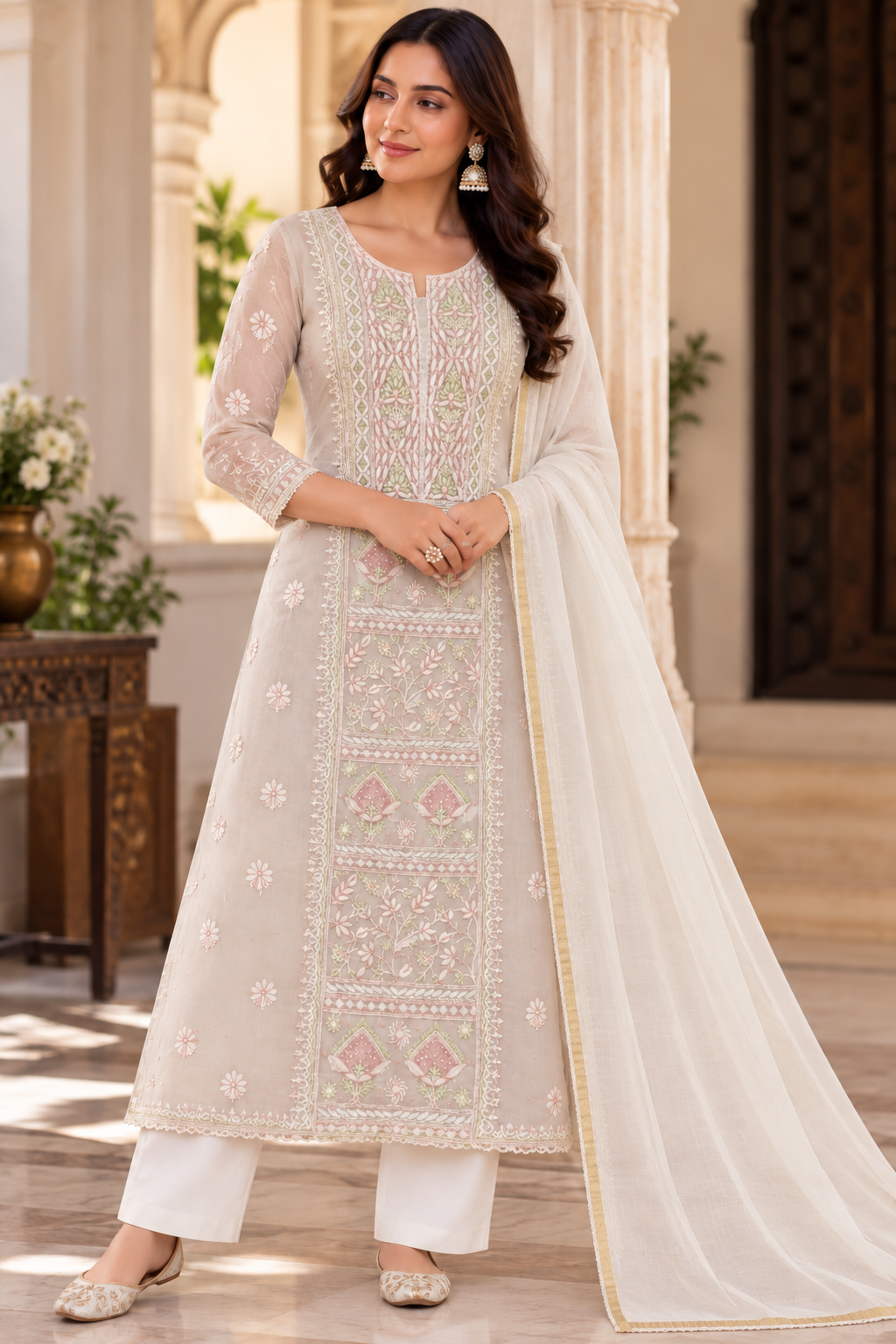 Pure Mul Chanderi Fine Chikan Pearl Cutdhana Sequin Work Unstitched Suit Sets (2 Pcs)