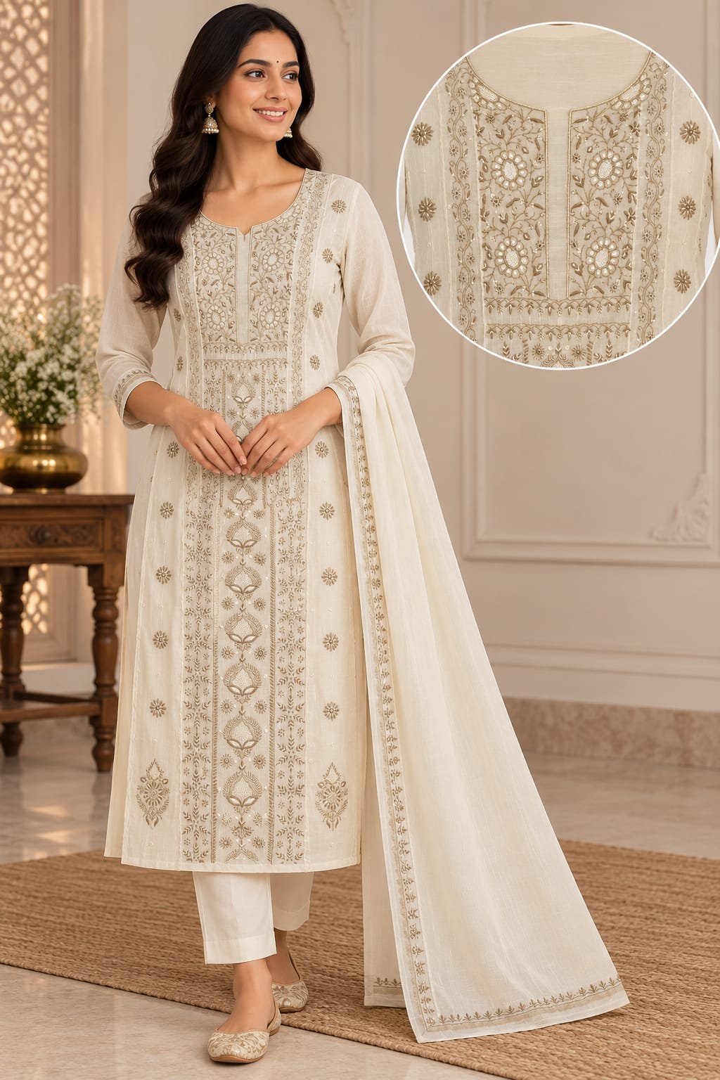 Pure Mul Chanderi A Line Pearl Cutdhana Fine Ghaspatti Work Semi Stitched Suit Sets