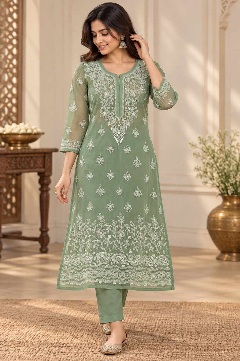 Organza Ghaspatti Chikan Mukaish Party Wear Long Kurti With Matching Inner