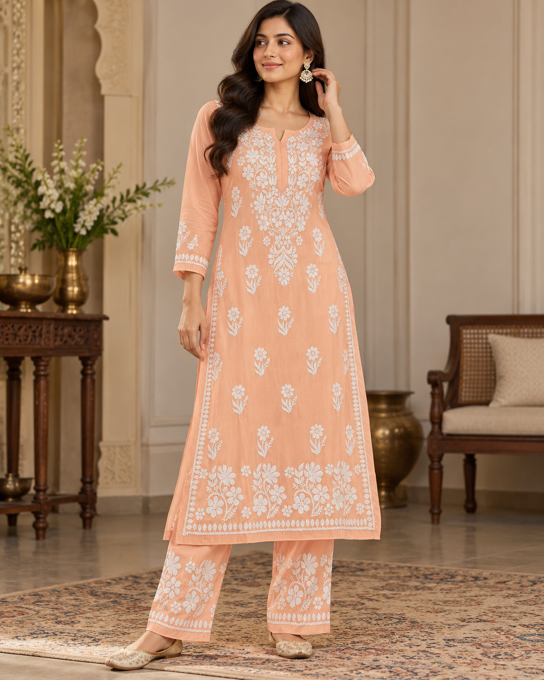 Muslin Lucknowi Kurti Pant Set