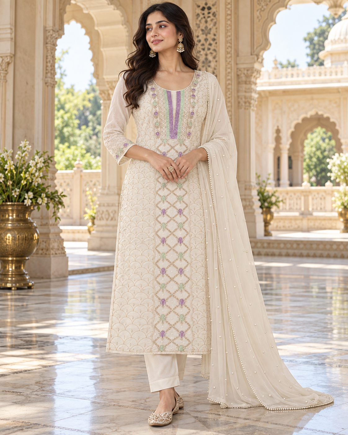 Viscose Georgette Heavy Pearl Cutdhana Zari Unstitched Kurti Duppatta Sets