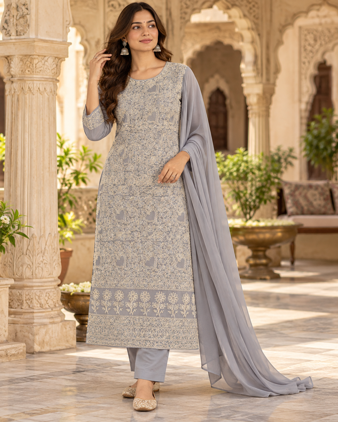 Cotton Full Front Jaal Shadow Work 3 Pcs Suit Sets