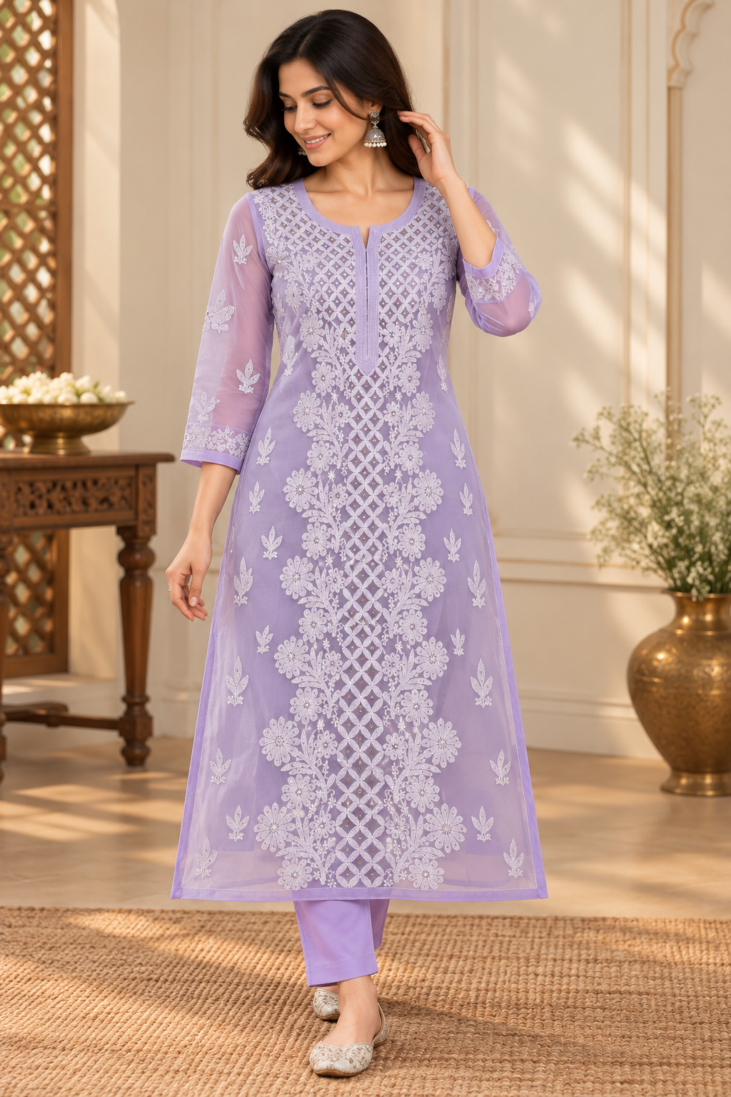 Organza Ghaspatti Chikan Mukaish Party Wear Long Kurti With Matching Inner