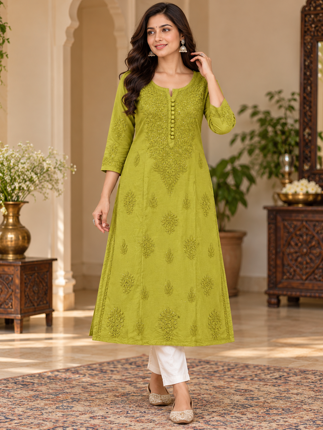 Chanderi Silk Chikan Mukaish Work Straight Kurti