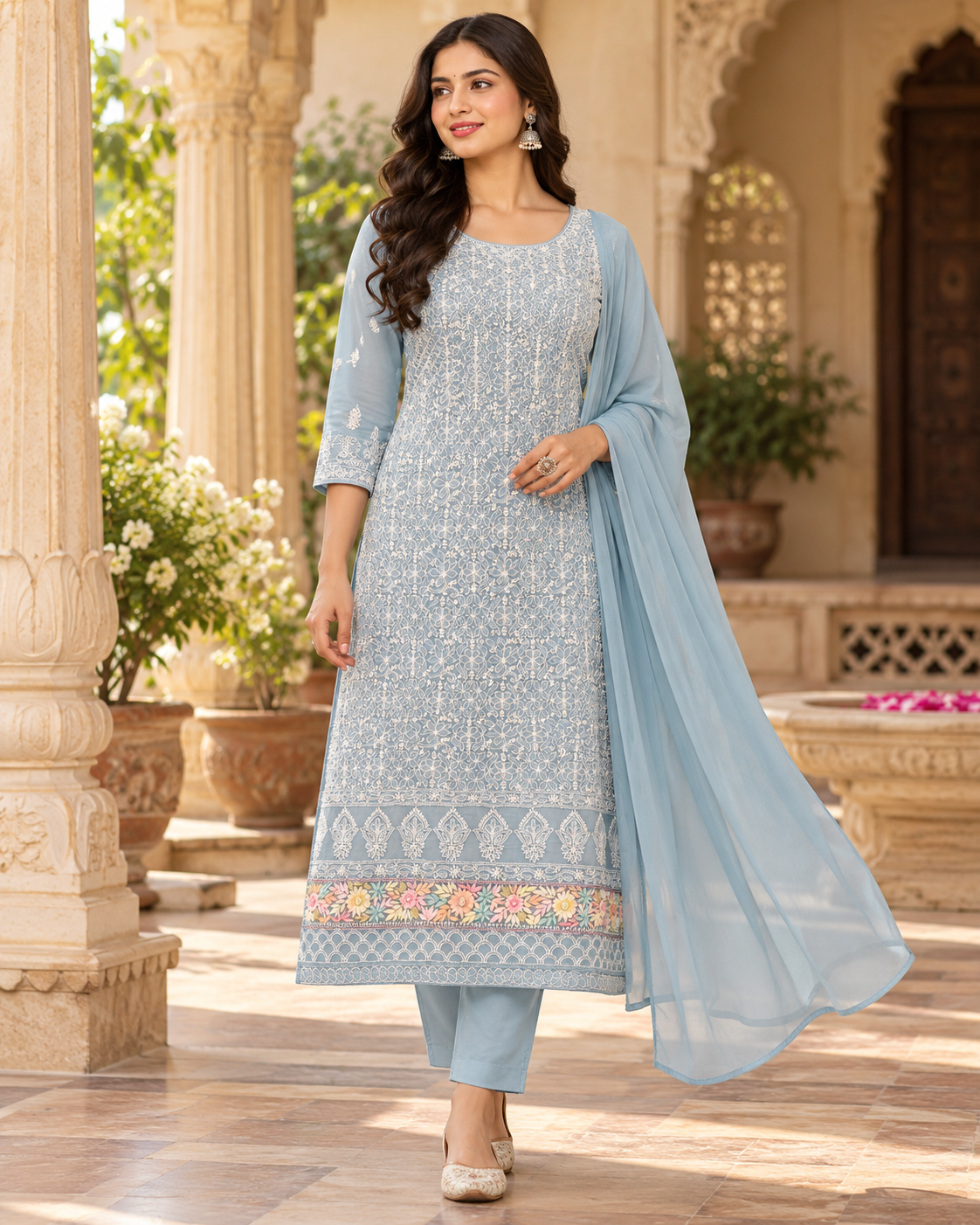 Cotton Parsi Gara Front Jaal Shadow Work 3 Pcs Suit Sets - Unstitched