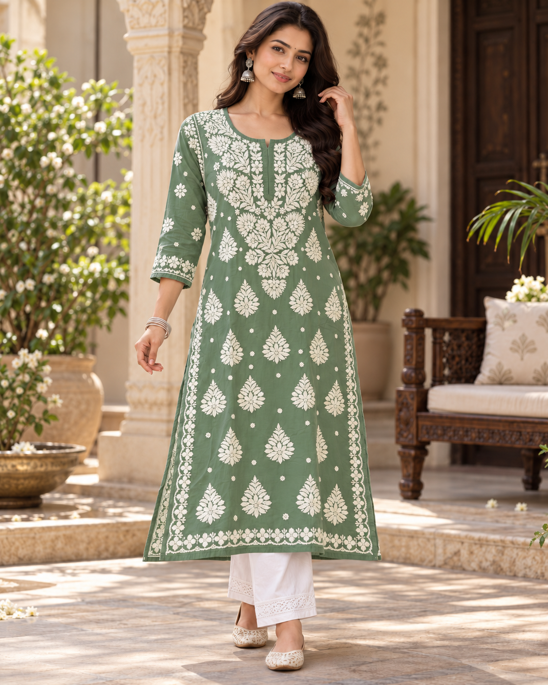 Pure Muslin 3D Chikan Work Kurties