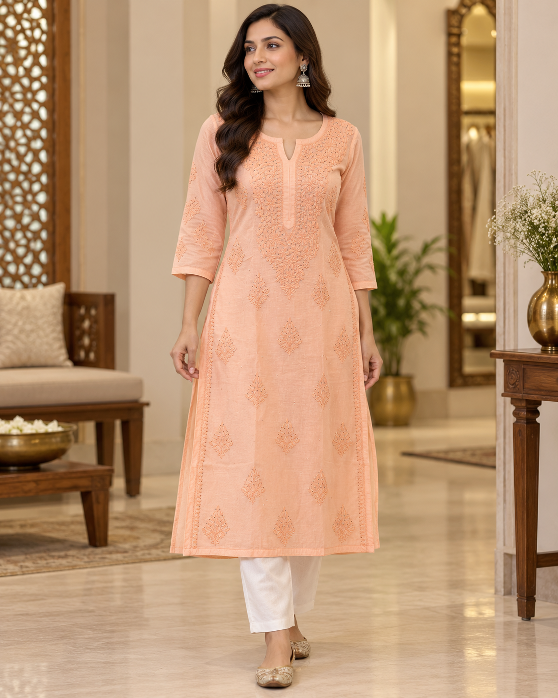 Chanderi Silk Chikan Mukaish Work Straight Kurti