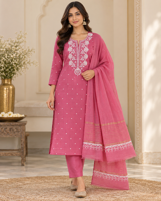 Mul Chanderi Cutdana Work Unstitched Kurti Duppatta Sets (2Pcs)
