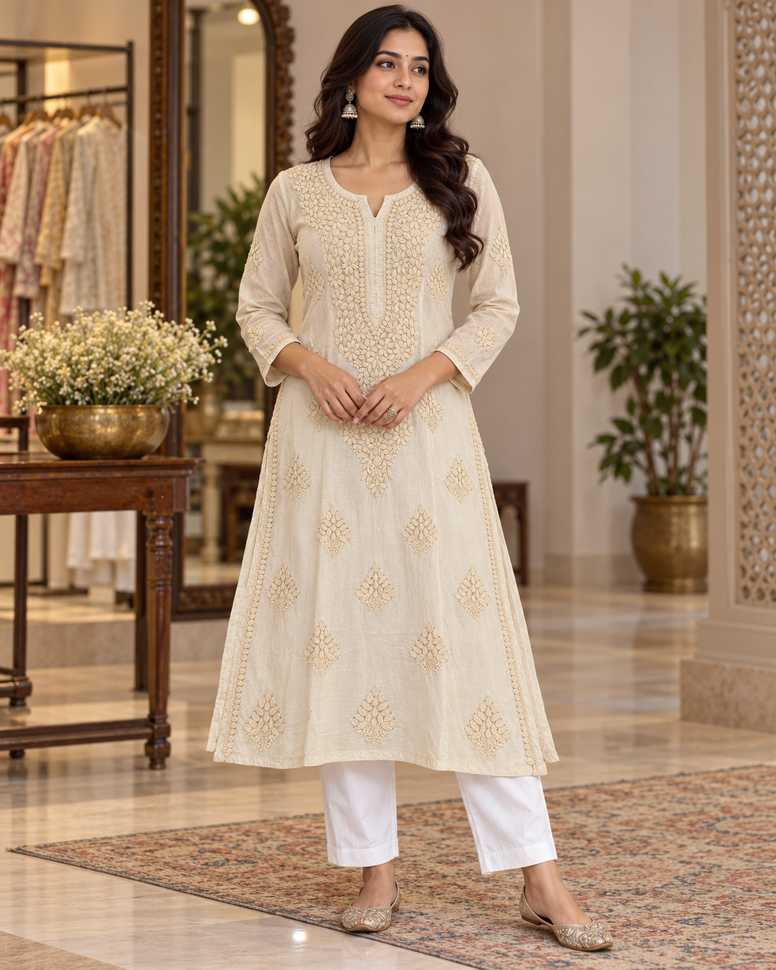 Chanderi Silk Chikan Mukaish Work Straight Kurti