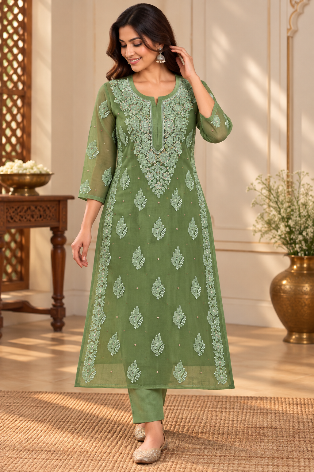 Organza Ghaspatti Chikan Mukaish Party Wear Long Kurti With Matching Inner