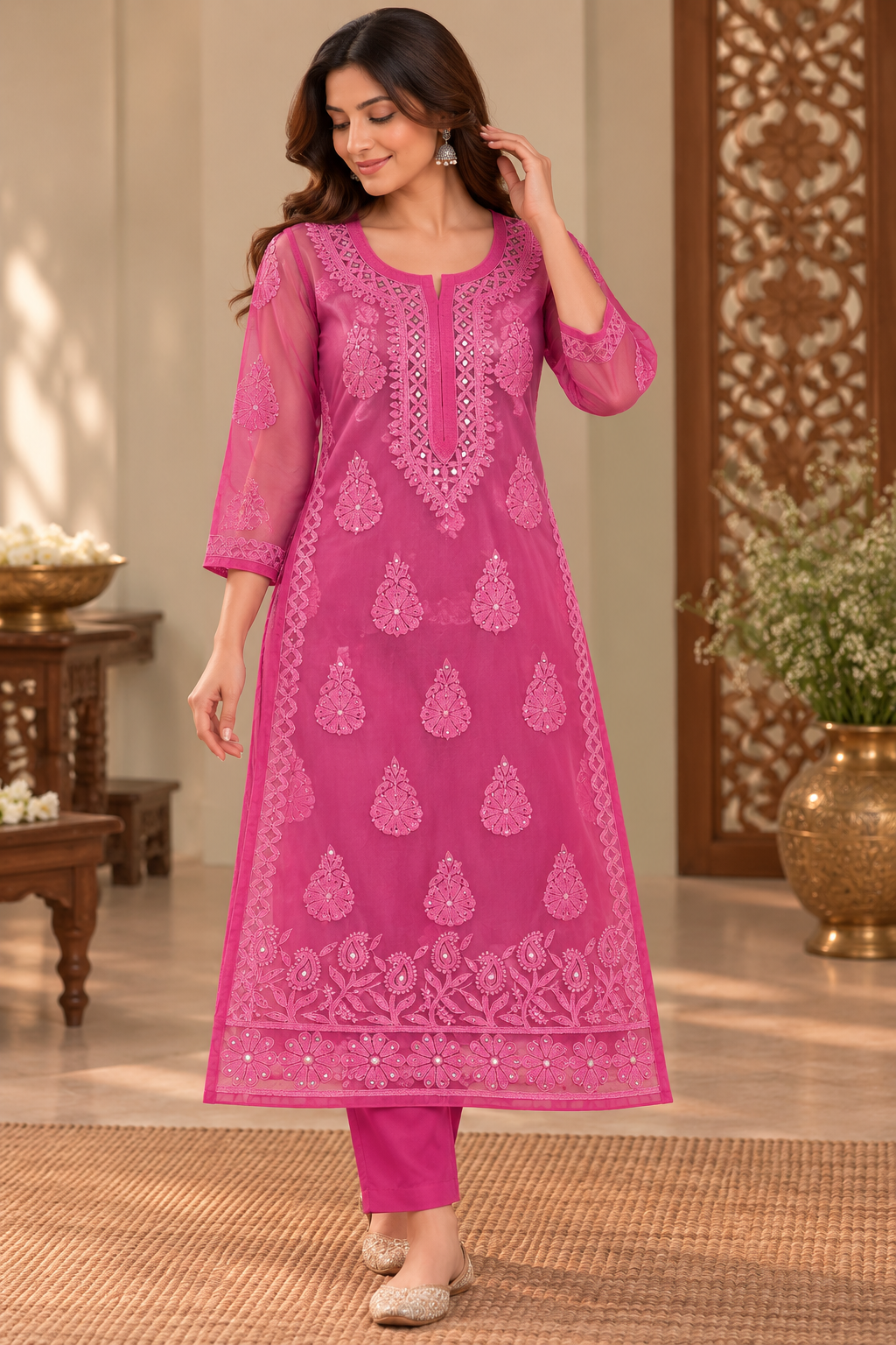 Organza Ghaspatti Chikan Mukaish Party Wear Long Kurti With Matching Inner