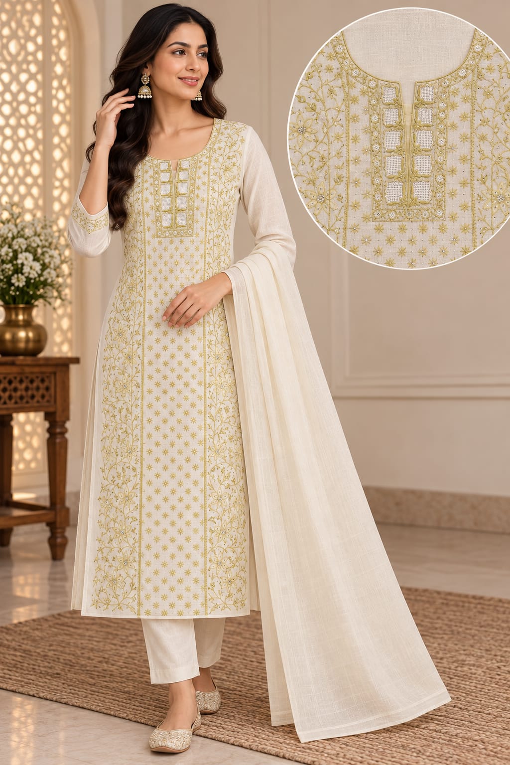 Pure Mul Chanderi Pearl Cutdhana Work Unstitched Suit Sets