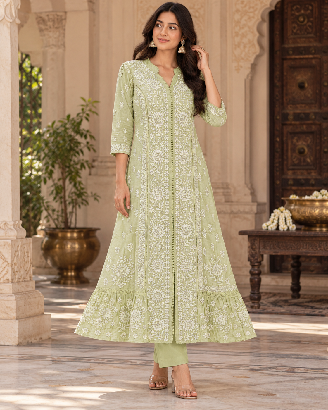 Muslin Party Wear Heavy Chikan Long Kurti Pant Set