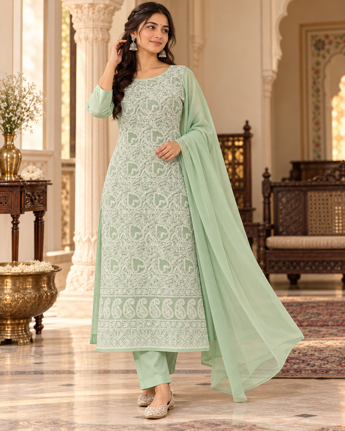 Cotton Full Front Jaal Shadow Work 3 Pcs Suit Sets