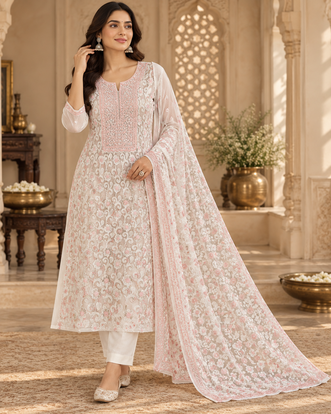 Kota Doria Net Applique Patch Work Kurti Duppatta Sets