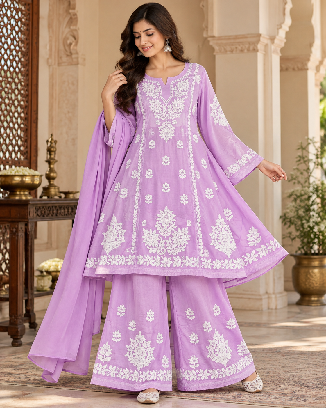 Modal Satin Umbrella Cut Kurti Duppatta Plazzo Sets - Ombre Colour