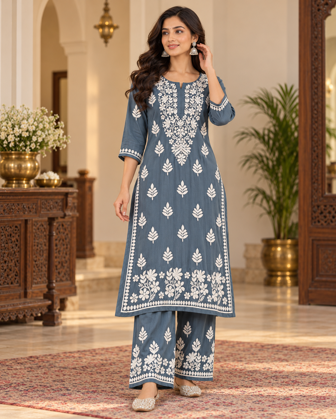 Muslin Lucknowi Kurti Pant Set