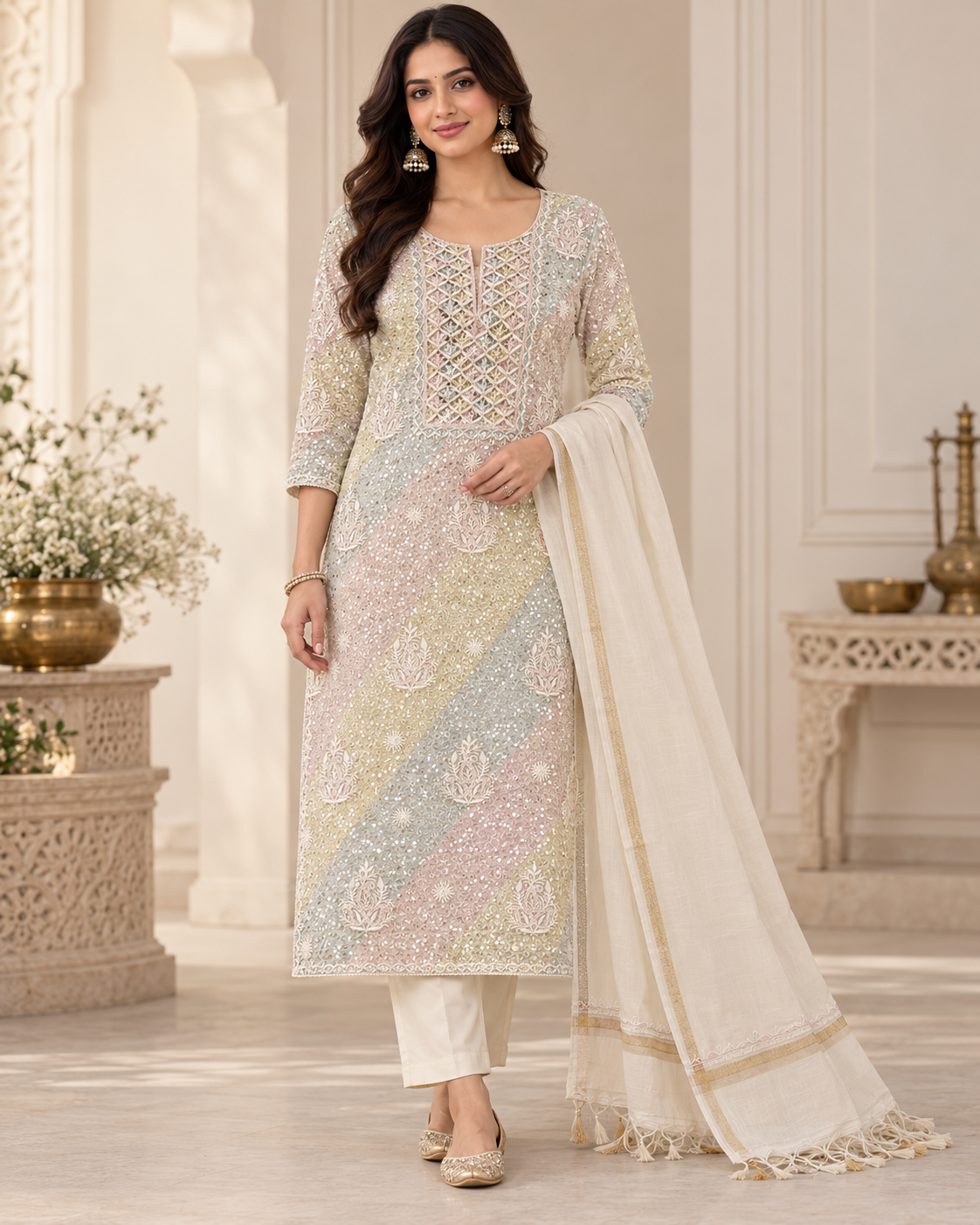 Pure Mul Chanderi Fine Chikan Pearl Cutdhana Sequin Work Unstitched Suit Sets (2 Pcs)