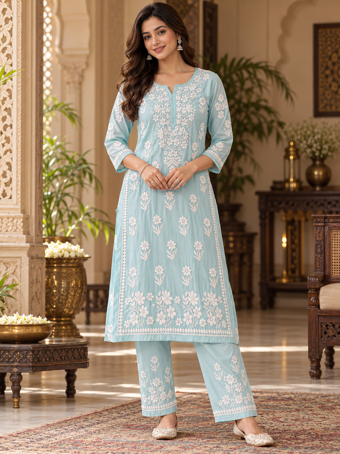 Muslin Lucknowi Kurti Pant Set