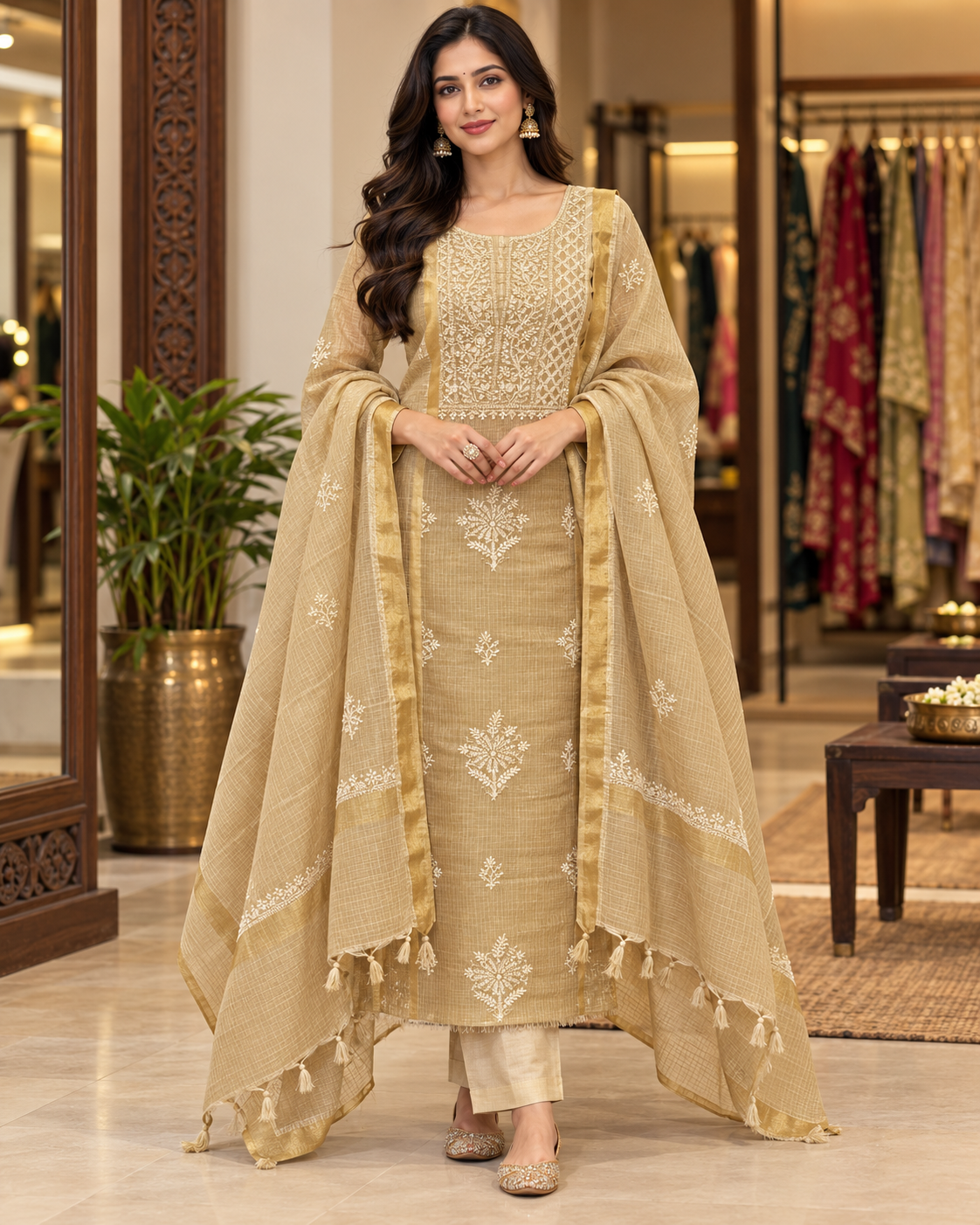 Kota Doria Golden Zari Work Unstitched Kurti Duppatta Sets