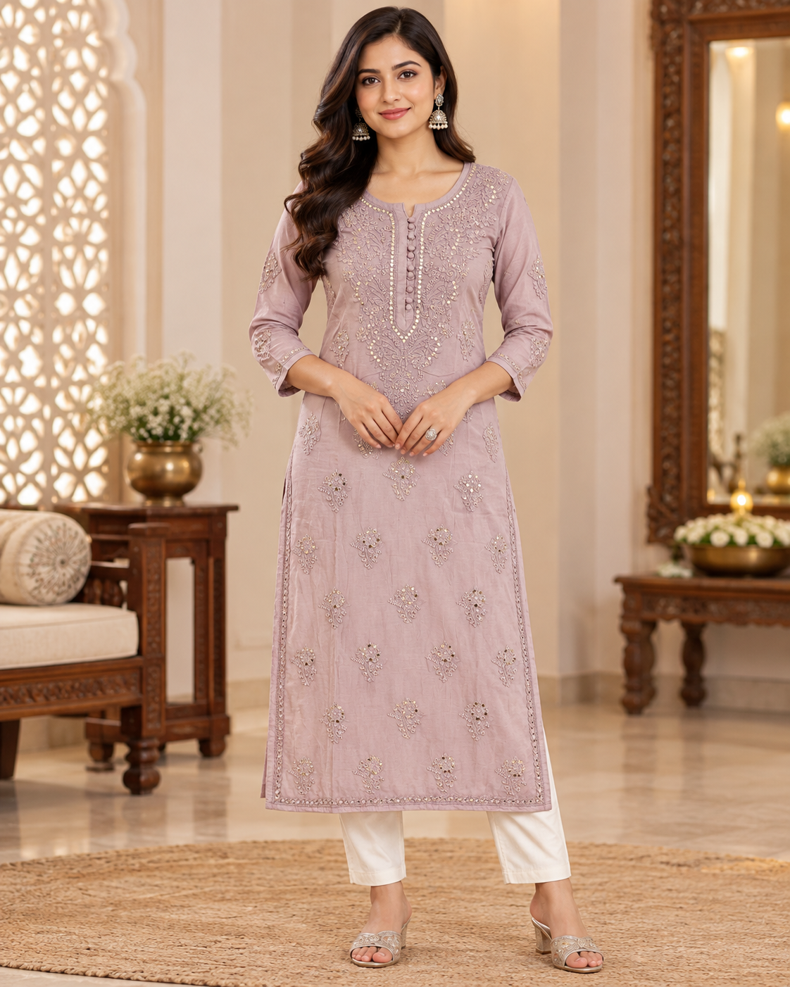 Chanderi Silk Chikan Mukaish Work Straight Kurti