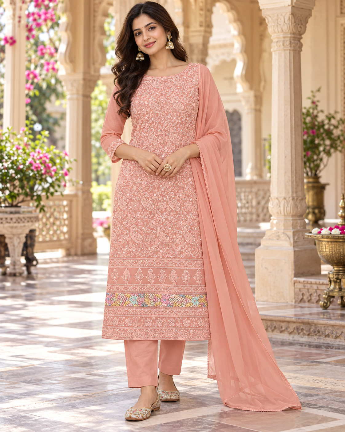 Cotton Parsi Gara Front Jaal Shadow Work 3 Pcs Suit Sets - Unstitched