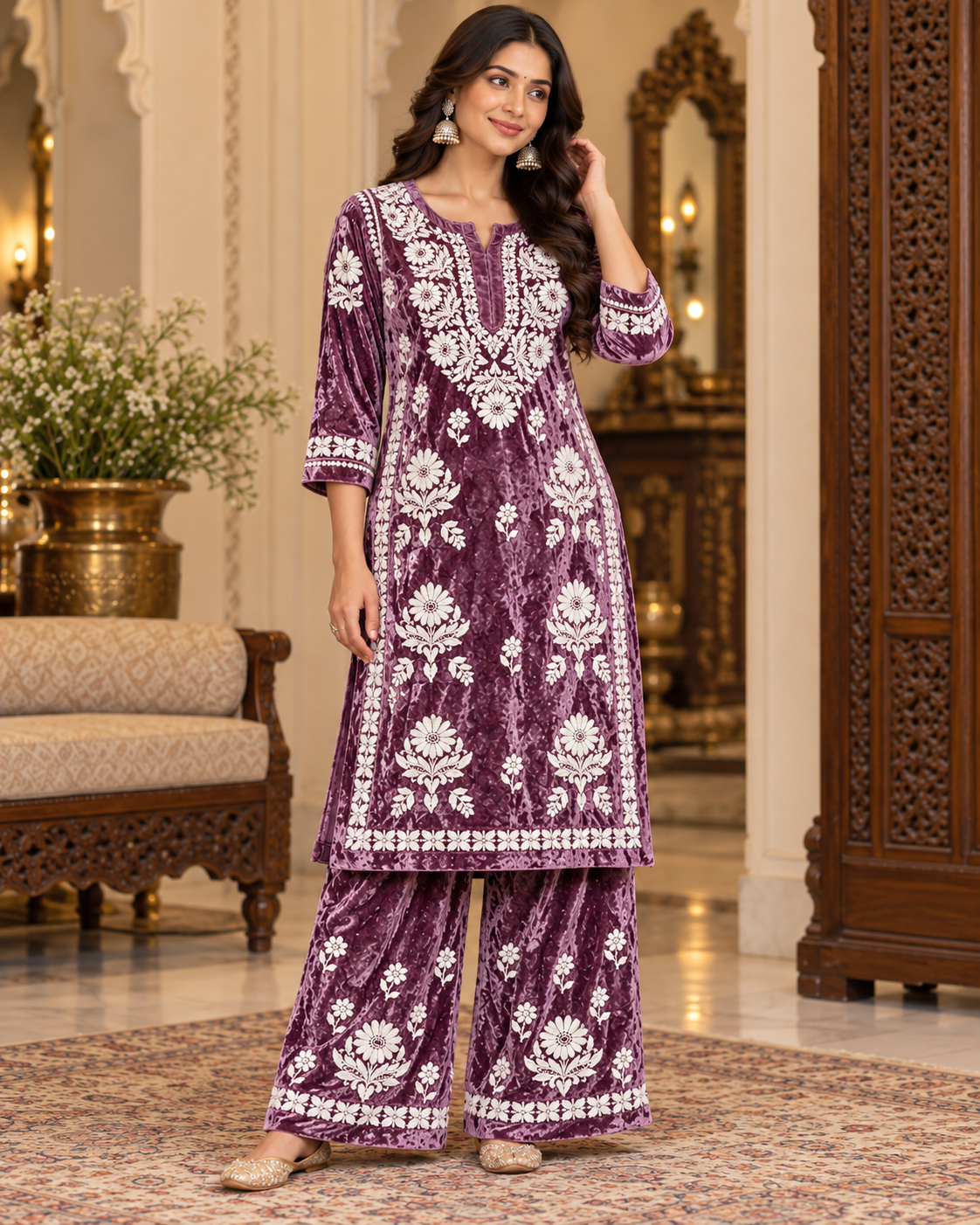 Pure Velvet Fine Ghaspatti Work Kurti Plazzo Sets (2 Taar Work)