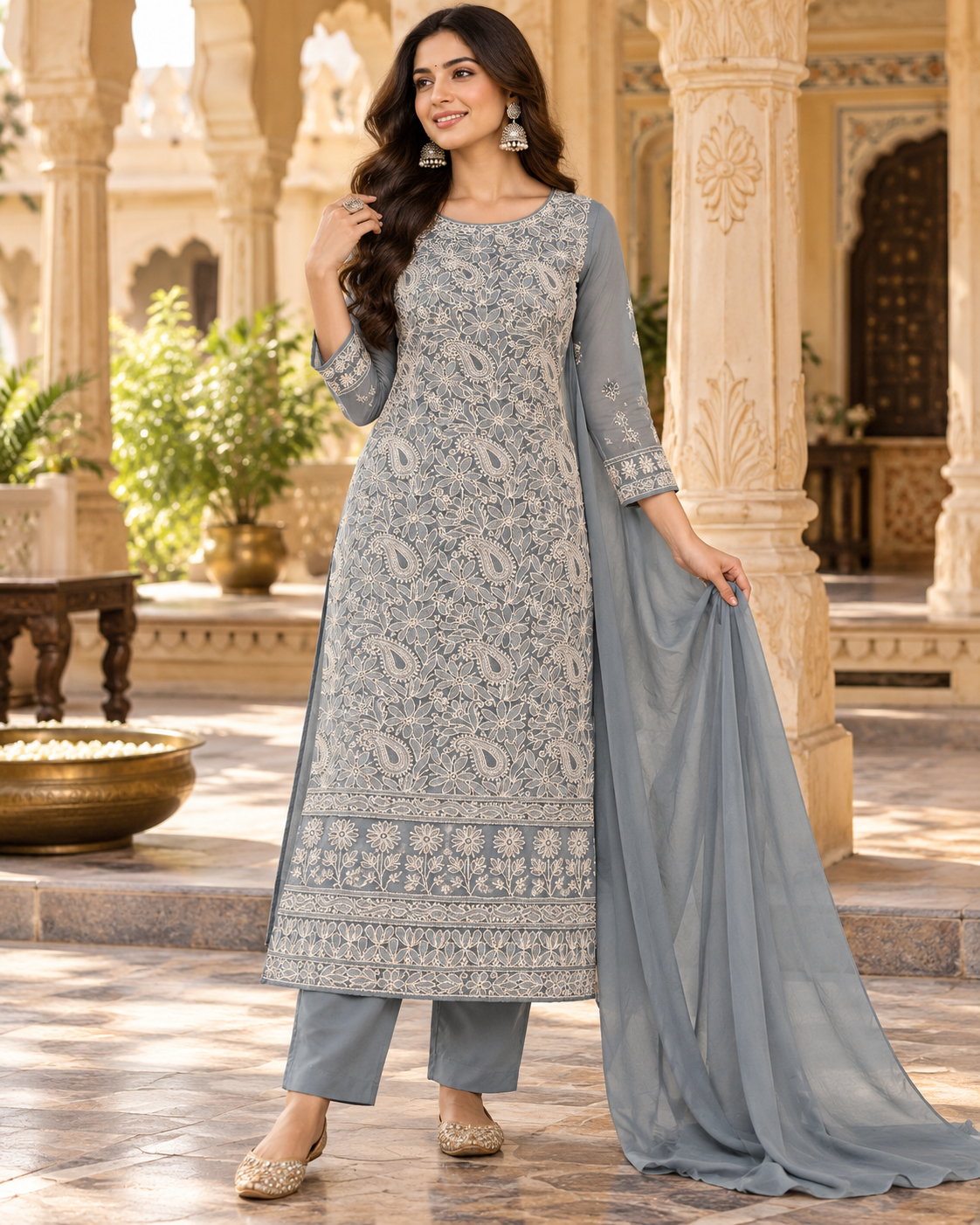 Cotton Full Front Jaal Shadow Work 3 Pcs Suit Sets