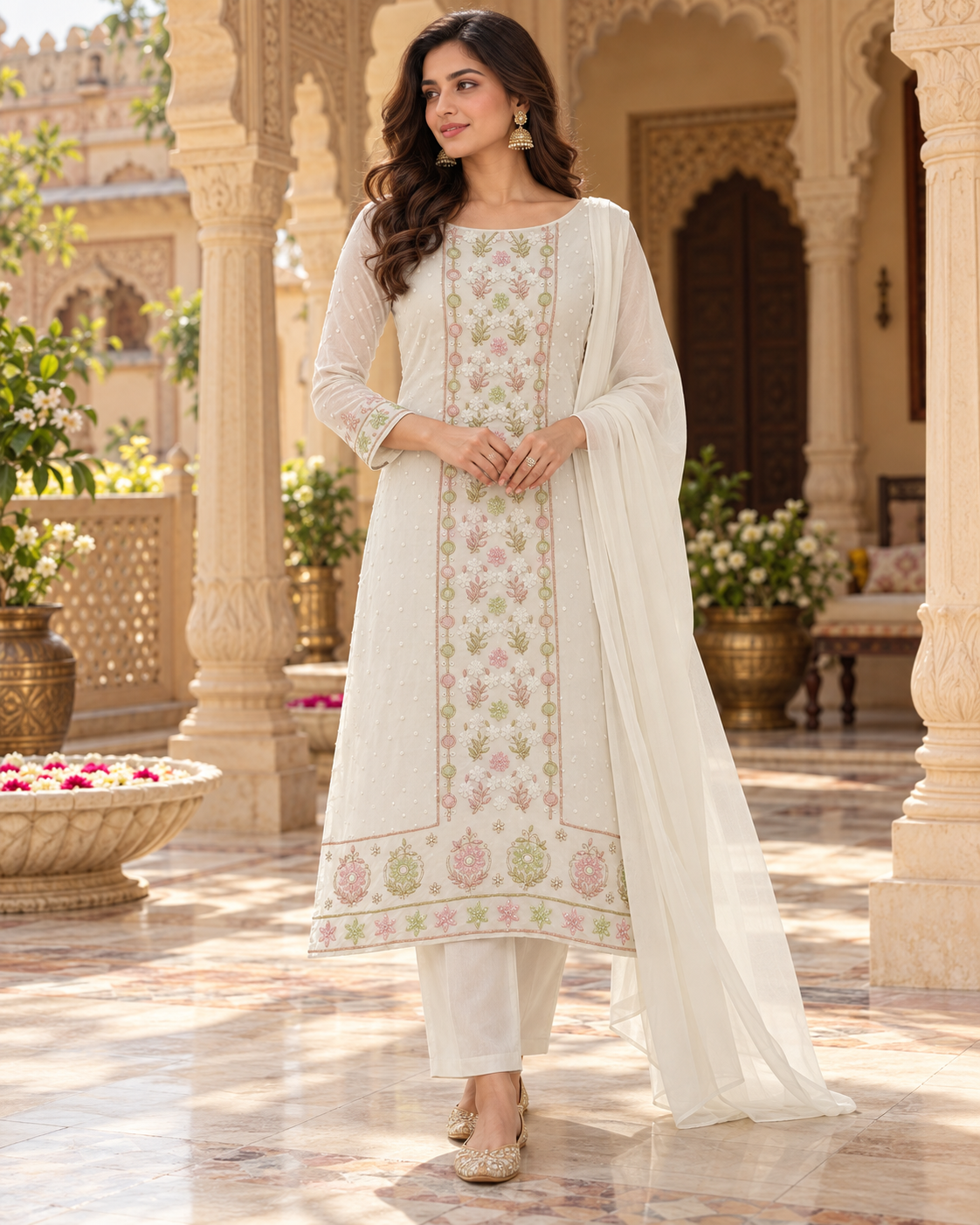 Viscose Georgette Heavy Pearl Cutdhana Unstitched Kurti Duppatta Sets
