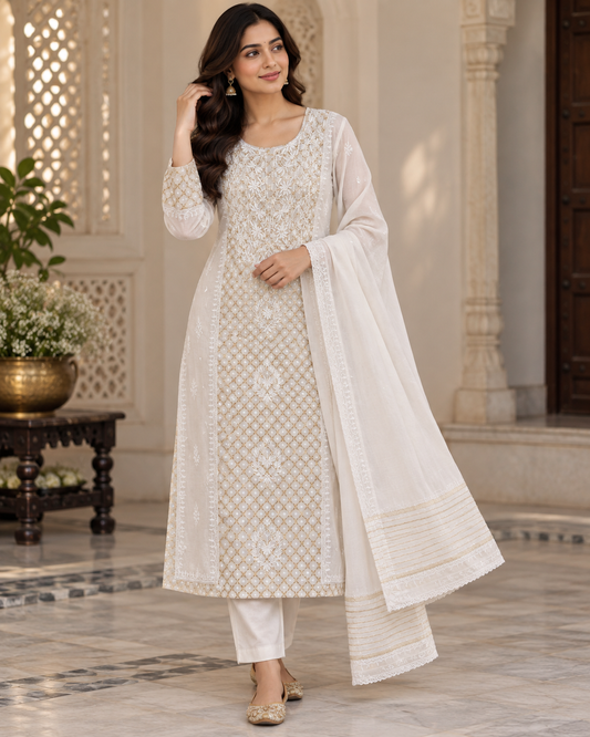 Mul Chanderi Banarasi Heavy Pearl Cutdhana Semi Stiched Sets