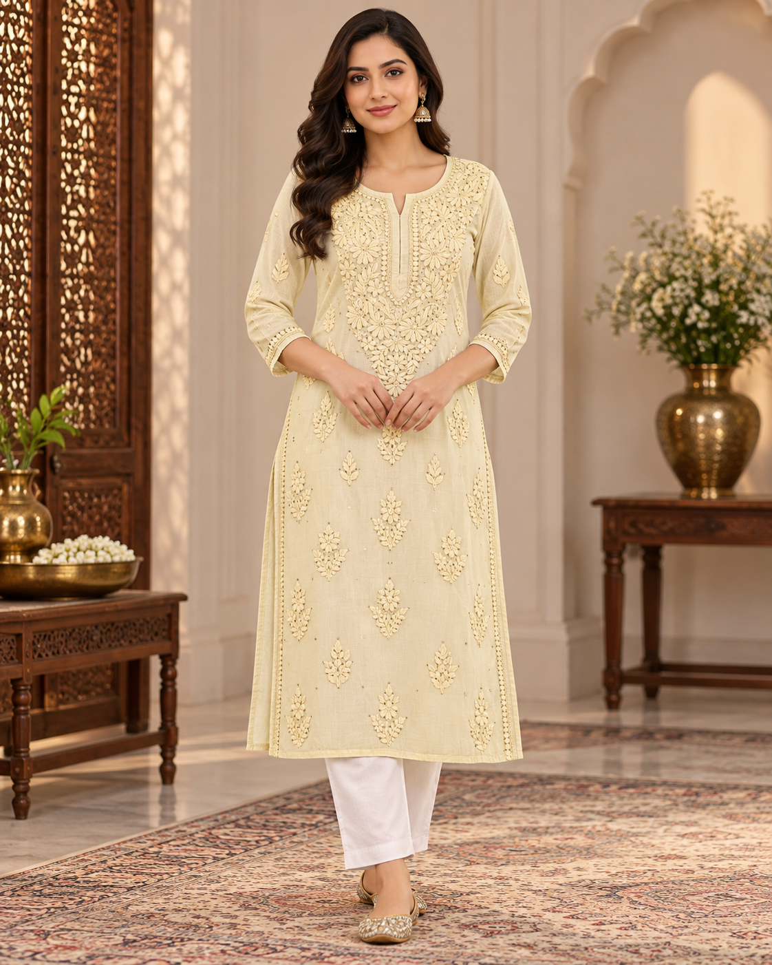 Chanderi Silk Chikan Mukaish Work Straight Kurti