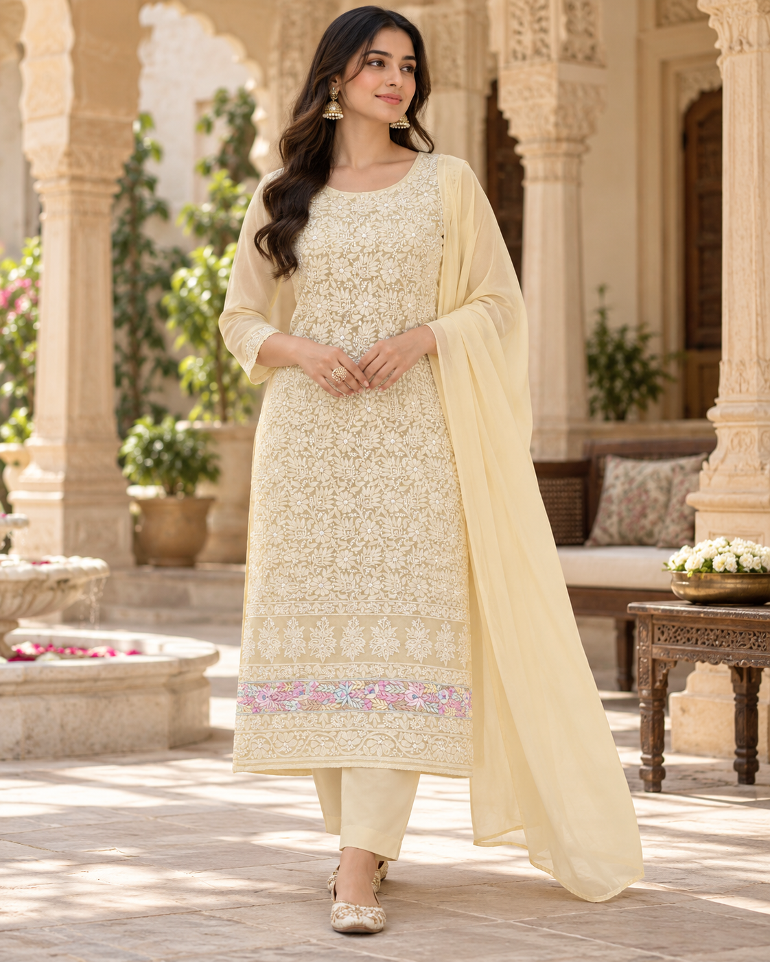 Cotton Parsi Gara Front Jaal Shadow Work 3 Pcs Suit Sets - Unstitched