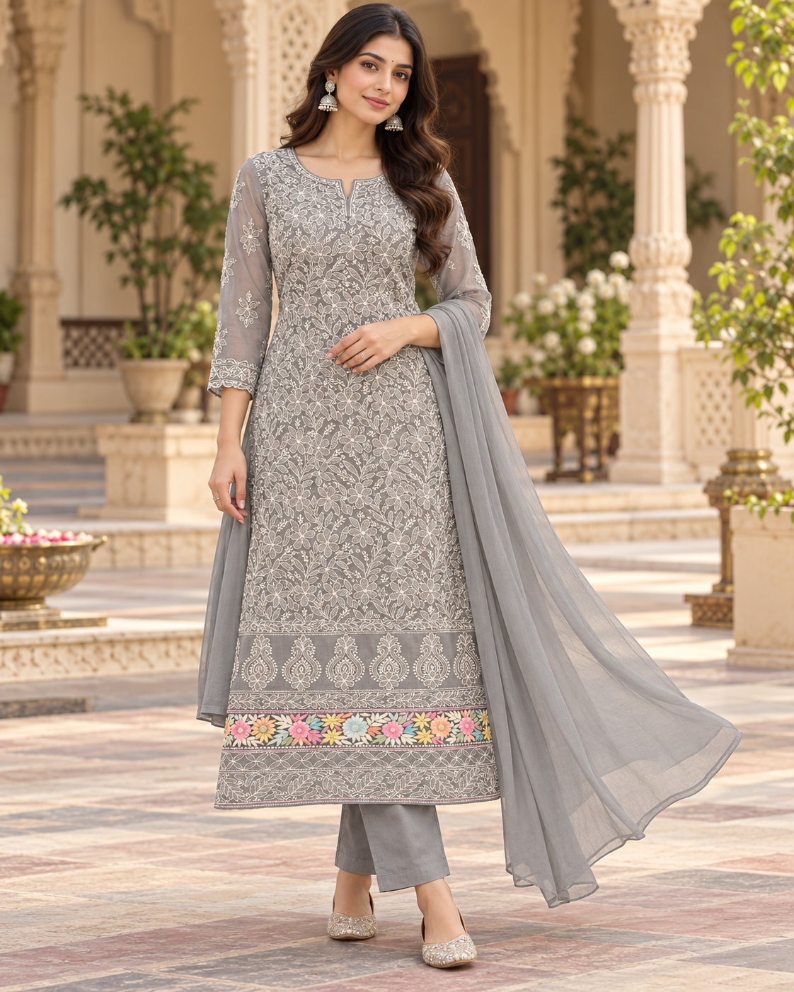Cotton Parsi Gara Front Jaal Shadow Work 3 Pcs Suit Sets - Unstitched