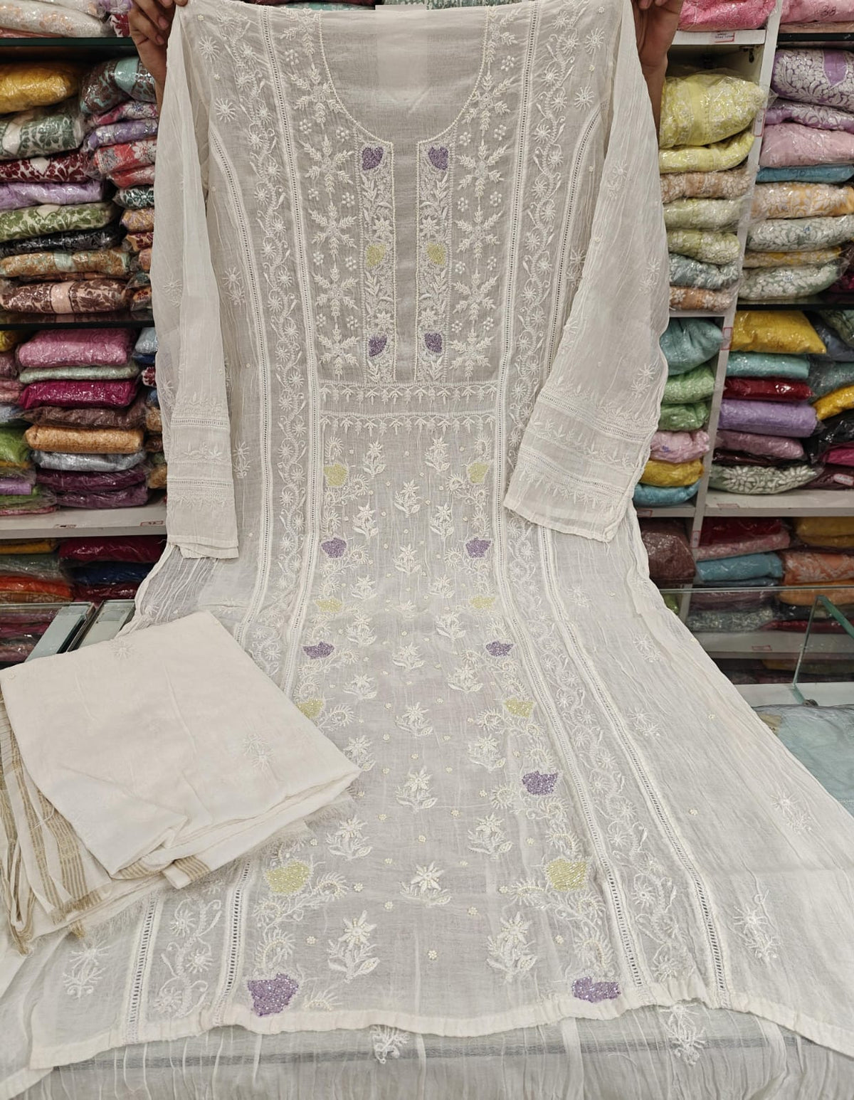 Pure Mul Chanderi Pearl Semi Stiched Suit Sets