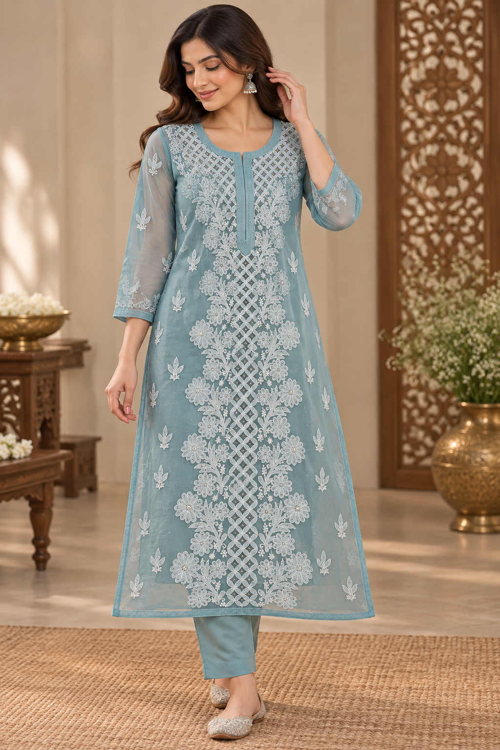 Organza Ghaspatti Chikan Mukaish Party Wear Long Kurti With Matching Inner