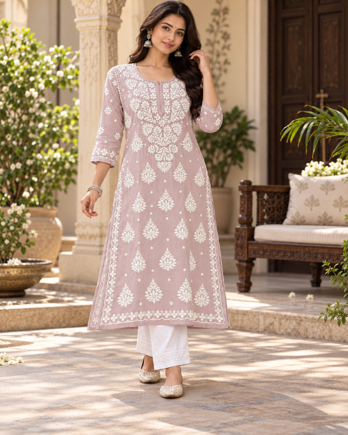 Pure Muslin 3D Chikan Work Kurties