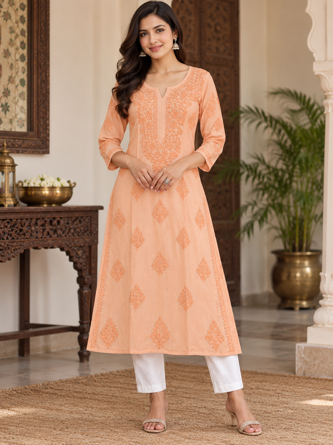 Chanderi Silk Chikan Mukaish Work Straight Kurti
