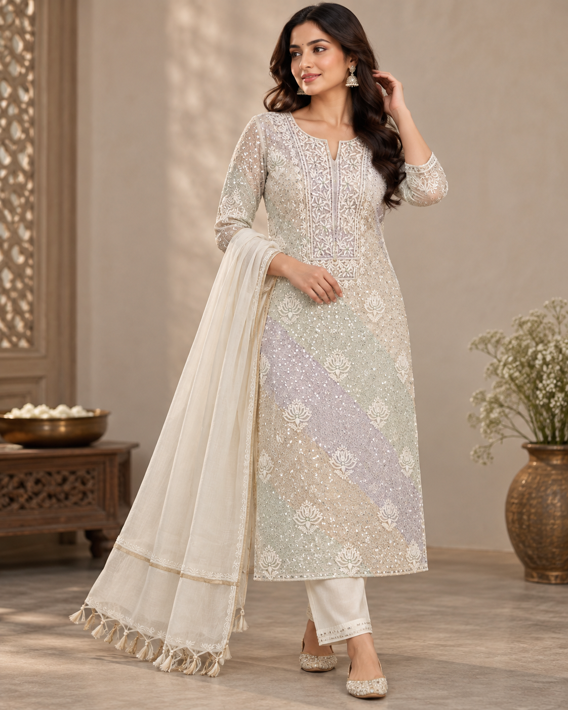 Pure Mul Chanderi Fine Chikan Pearl Cutdhana Sequin Work Unstitched Suit Sets (2 Pcs)