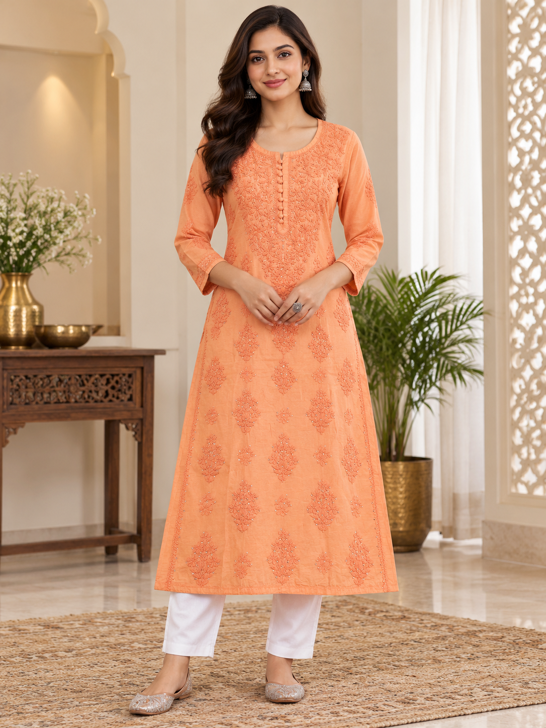 Chanderi Silk Chikan Mukaish Work Straight Kurti