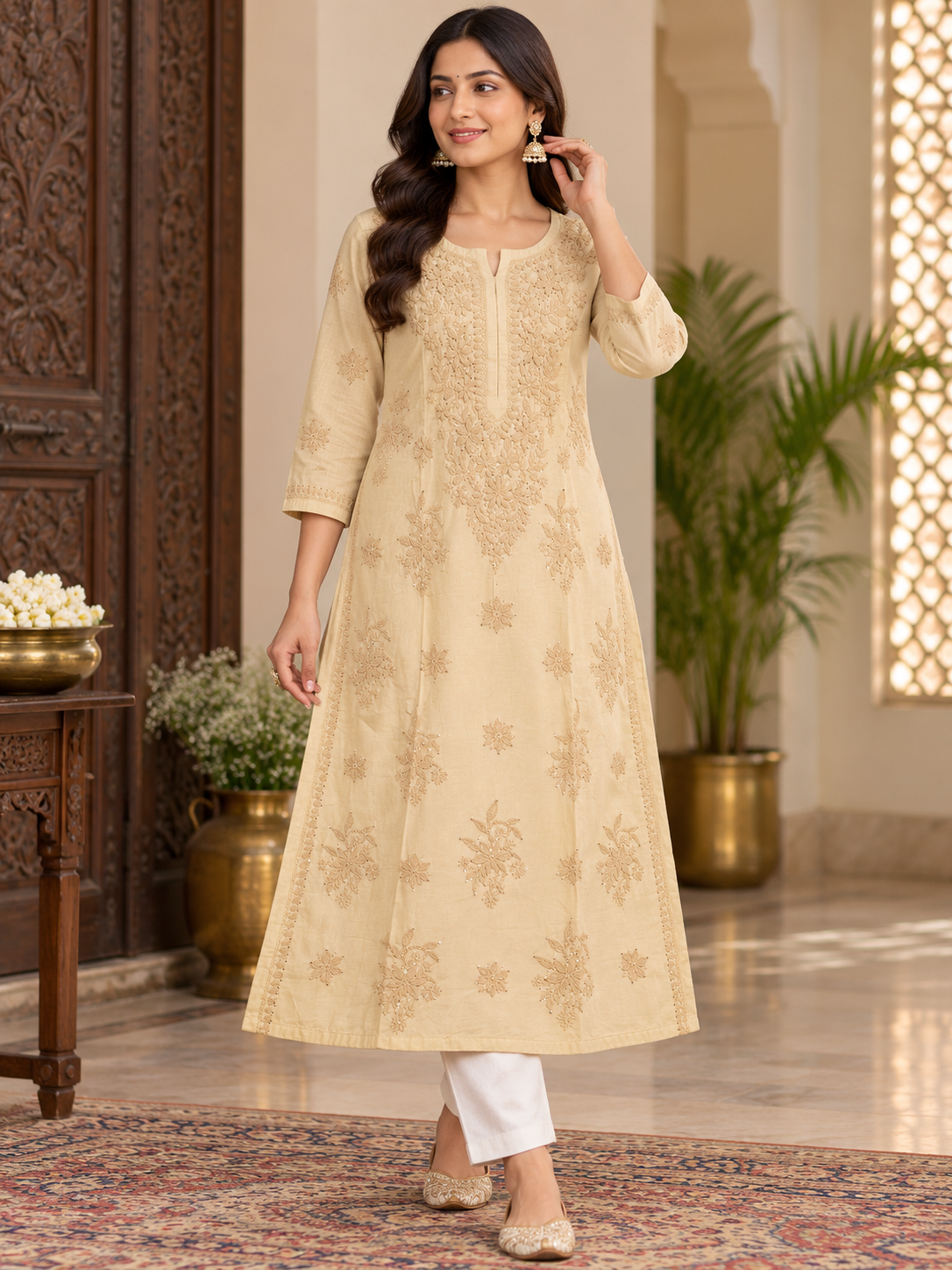 Chanderi Silk Chikan Mukaish Work Straight Kurti