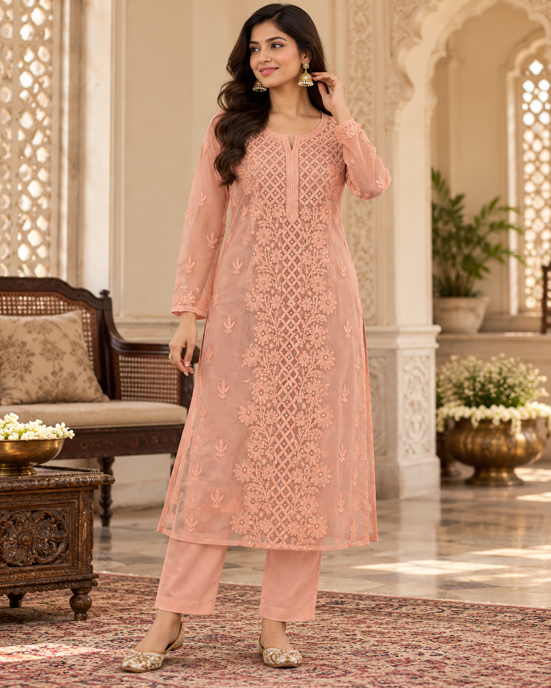 Organza Ghaspatti Chikan Mukaish Party Wear Long Kurti With Matching Inner