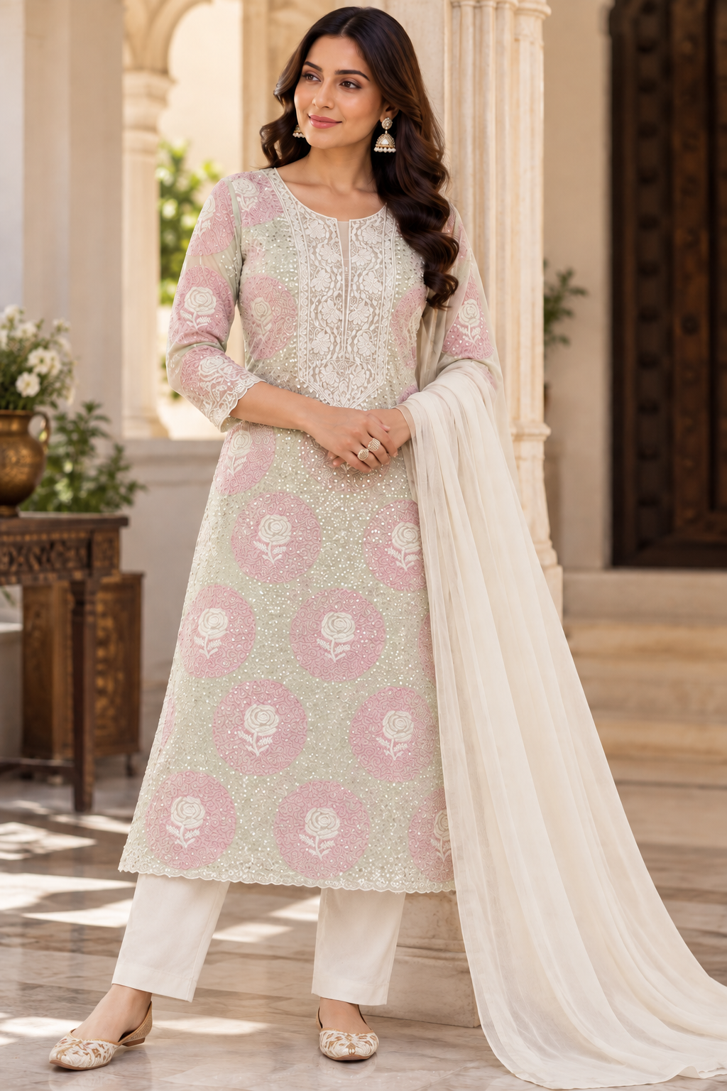 Pure Mul Chanderi Fine Chikan Pearl Cutdhana Sequin Work Unstitched Suit Sets (2 Pcs)
